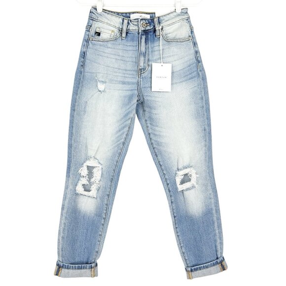 Kancan Women's Mom Distressed High Waist Relaxed Blue Jeans Sz 1/24 Tapered NWT - Picture 1 of 16